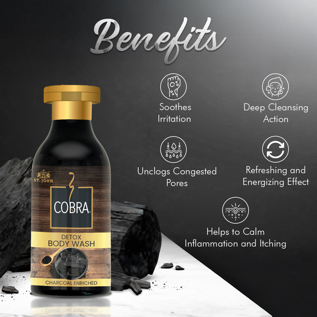 Cobra Charcoal Enriched Body Wash for Deep Cleansing, Detox & Refreshing Fragrance | For All Skin Types | Activated Charcoal Formula - Vijohnkart.com