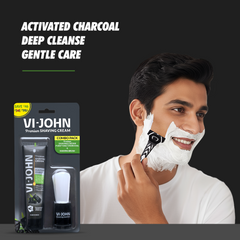 VI-JOHN Purifying Charcoal Shaving Cream with Brush Combo | Enriched with Aloe Vera & Jojoba Oil | 70GM
