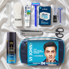 VI-JOHN Essential 10-in-1 Travel Grooming Kit for Men – Complete Shaving & Personal Care Combo with Razor, Cream, Brush, Alum Stone & More