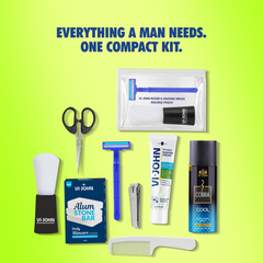 VI-JOHN Essential 10-in-1 Travel Grooming Kit for Men – Complete Shaving & Personal Care Combo with Razor, Cream, Brush, Alum Stone & More
