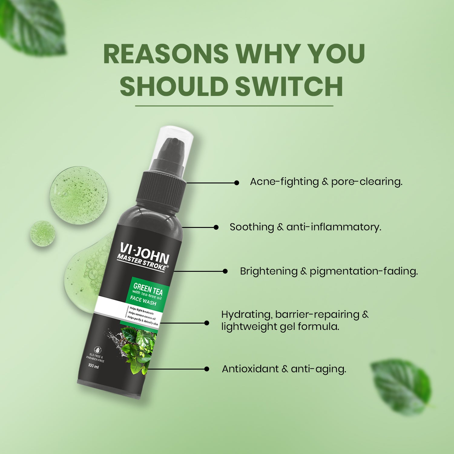 VI-JOHN Master Stroke Green Tea with Tea Tree Fights Acne & Pimple, Skin Brightening Face Wash  (100 ml) - Vijohnkart.com