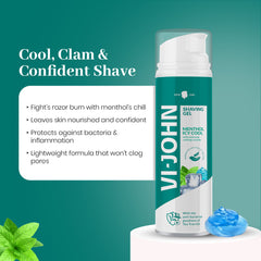 VI-JOHN Menthol Icy Cool Shave Gel with Mint and Cooling Crystals – Refreshing & Smooth Shaving Experience | For All Skin Types