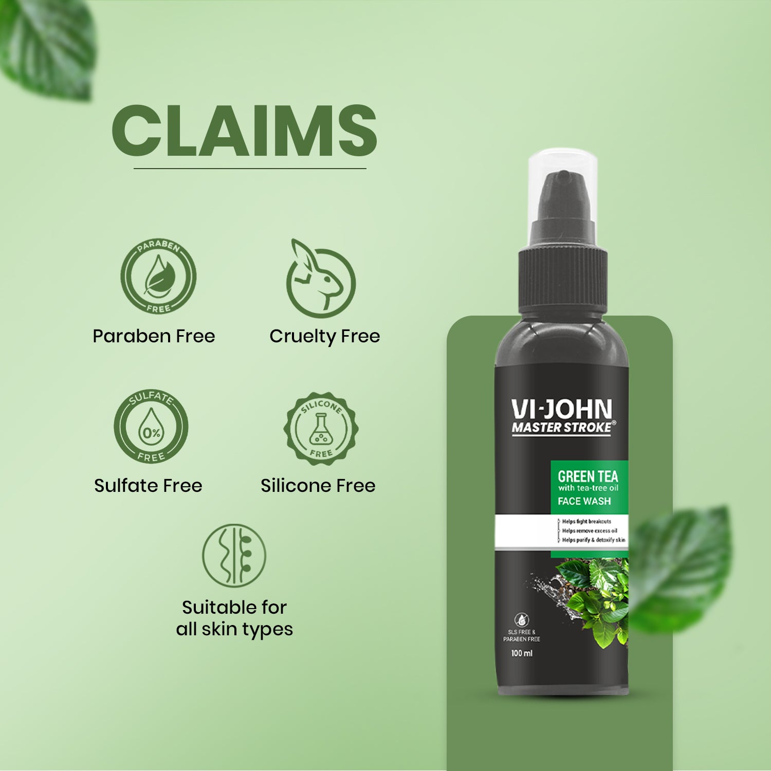 VI-JOHN Master Stroke Green Tea with Tea Tree Fights Acne & Pimple, Skin Brightening Face Wash  (100 ml) - Vijohnkart.com