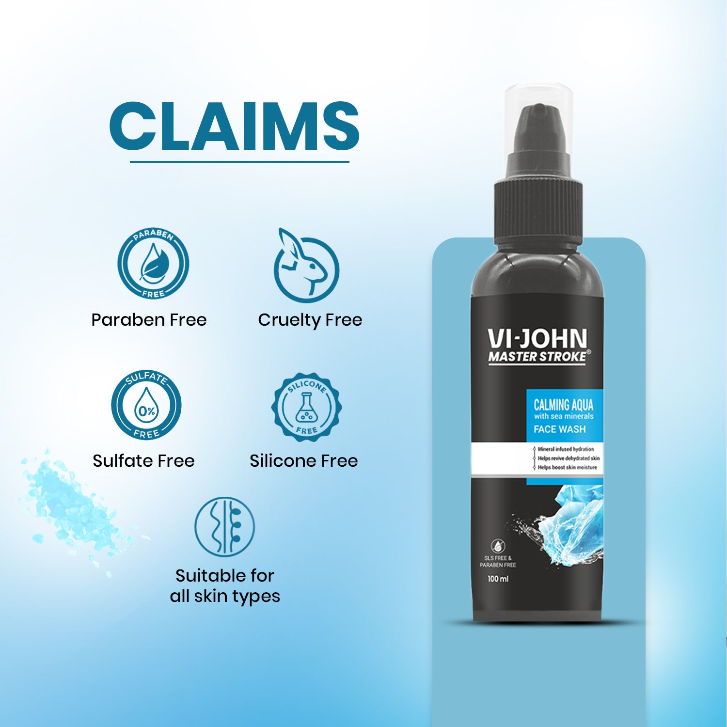VI-JOHN Master Stroke Calming Aqua Sea Mineral Fights Acne & Pimple, Skin Brightening Face Wash  (100 ml) - Vijohnkart.com
