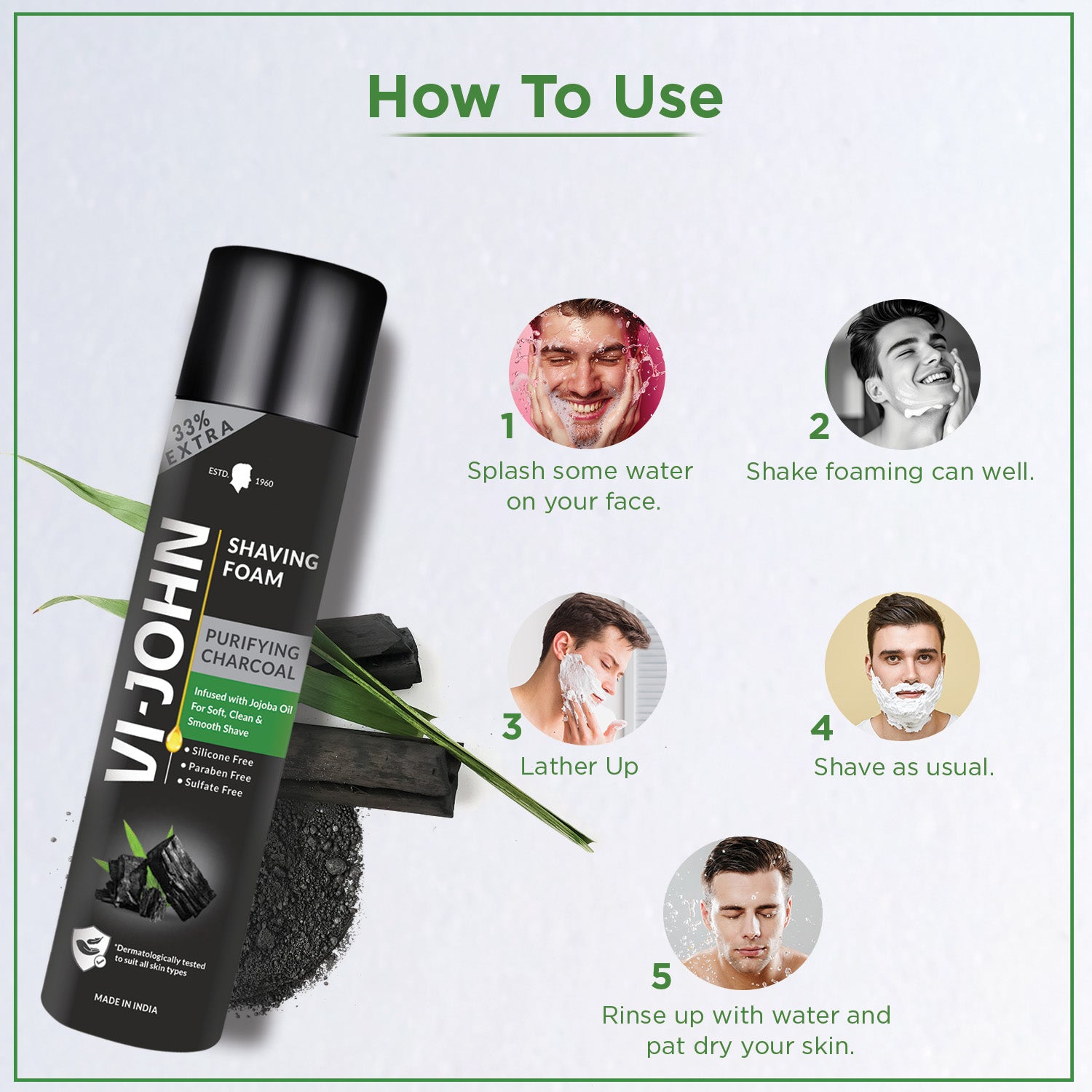 VI-JOHN Charcoal Shaving Foam with Activated Charcoal & Jojoba Oil For Clean Shave & Moisturised Skin - 300 G - Vijohnkart.com