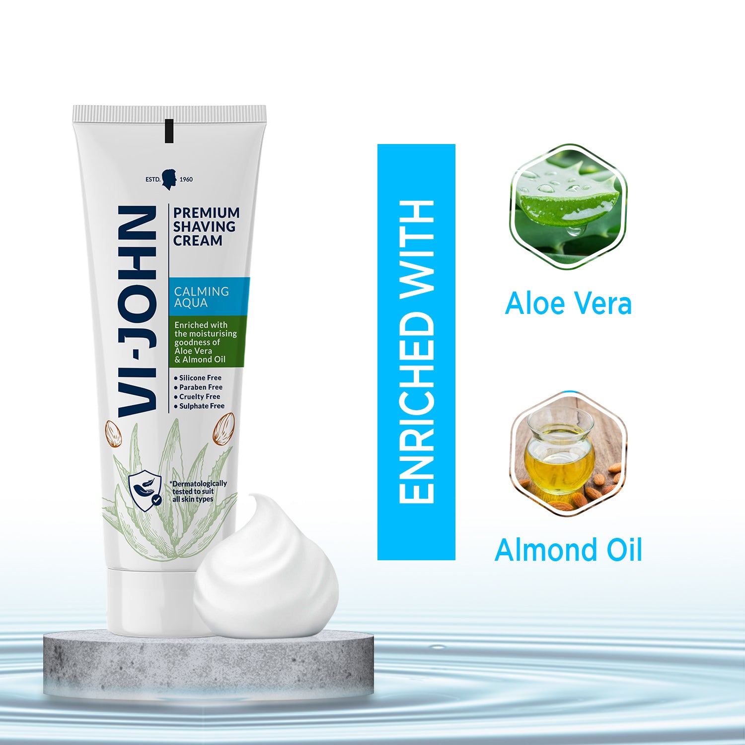 VI-JOHN Premium Shaving Cream, Enriched with the moisturizing goodness of Aloe Vera & Almond oil 93 GM - Vijohnkart.com