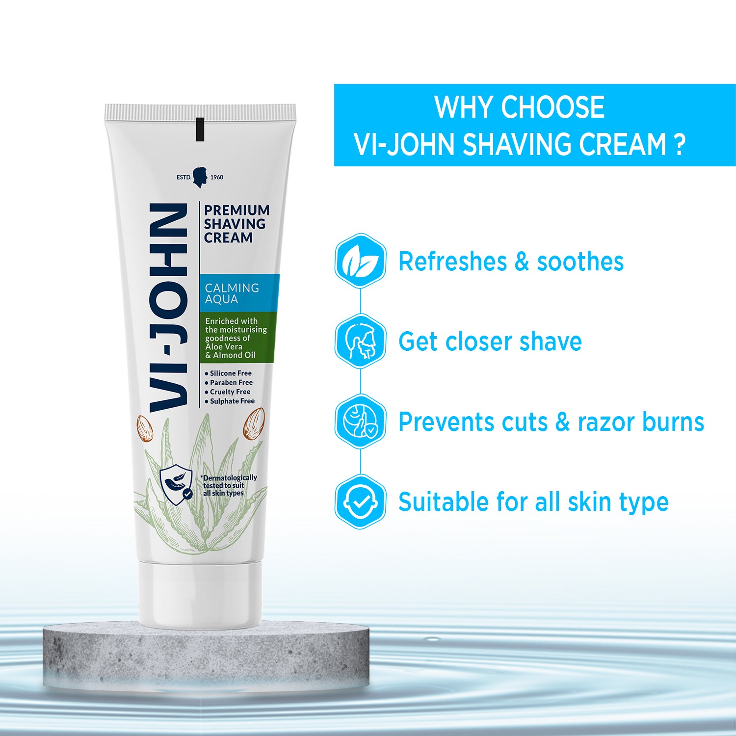 VI-JOHN Premium Shaving Cream, Enriched with the moisturizing goodness of Aloe Vera & Almond oil 93 GM - Vijohnkart.com