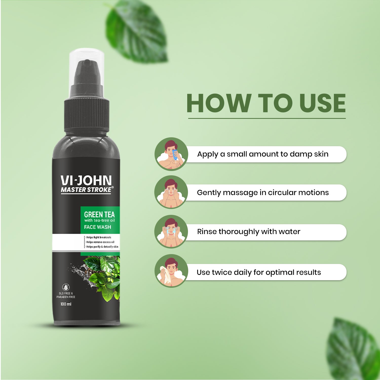VI-JOHN Master Stroke Green Tea with Tea Tree Fights Acne & Pimple, Skin Brightening Face Wash  (100 ml) - Vijohnkart.com
