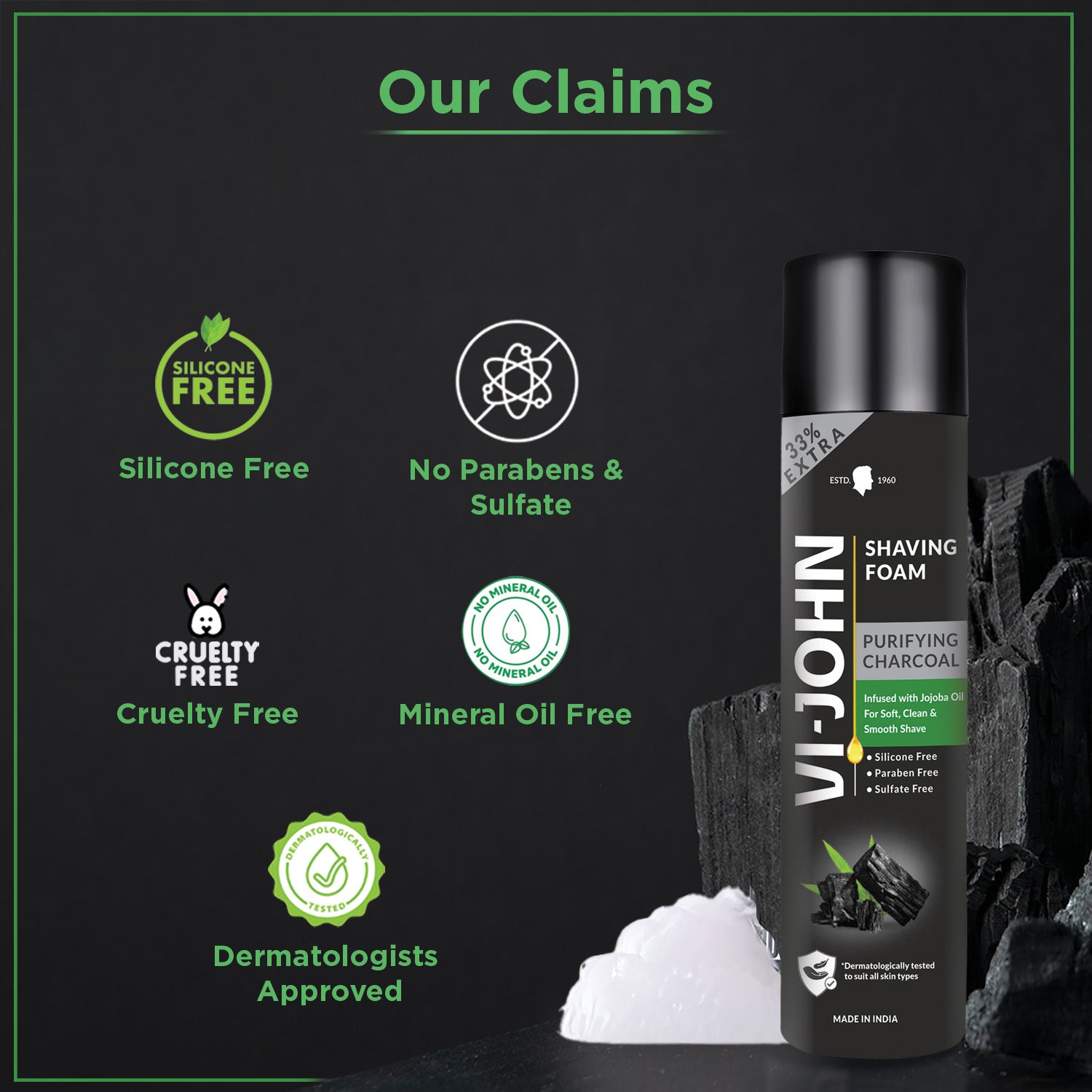 VI-JOHN Charcoal Shaving Foam with Activated Charcoal & Jojoba Oil For Clean Shave & Moisturised Skin - 300 G - Vijohnkart.com