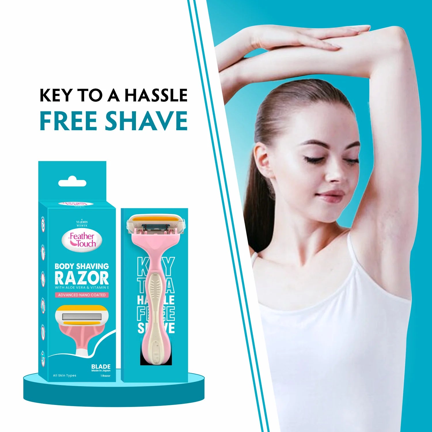 Feather Touch Body Shaving Razor With Aloe Vera & Vitamin E Lubrication Strip | Best Women's Razor for a Smooth Shave | 4 Stainless Steel Blades