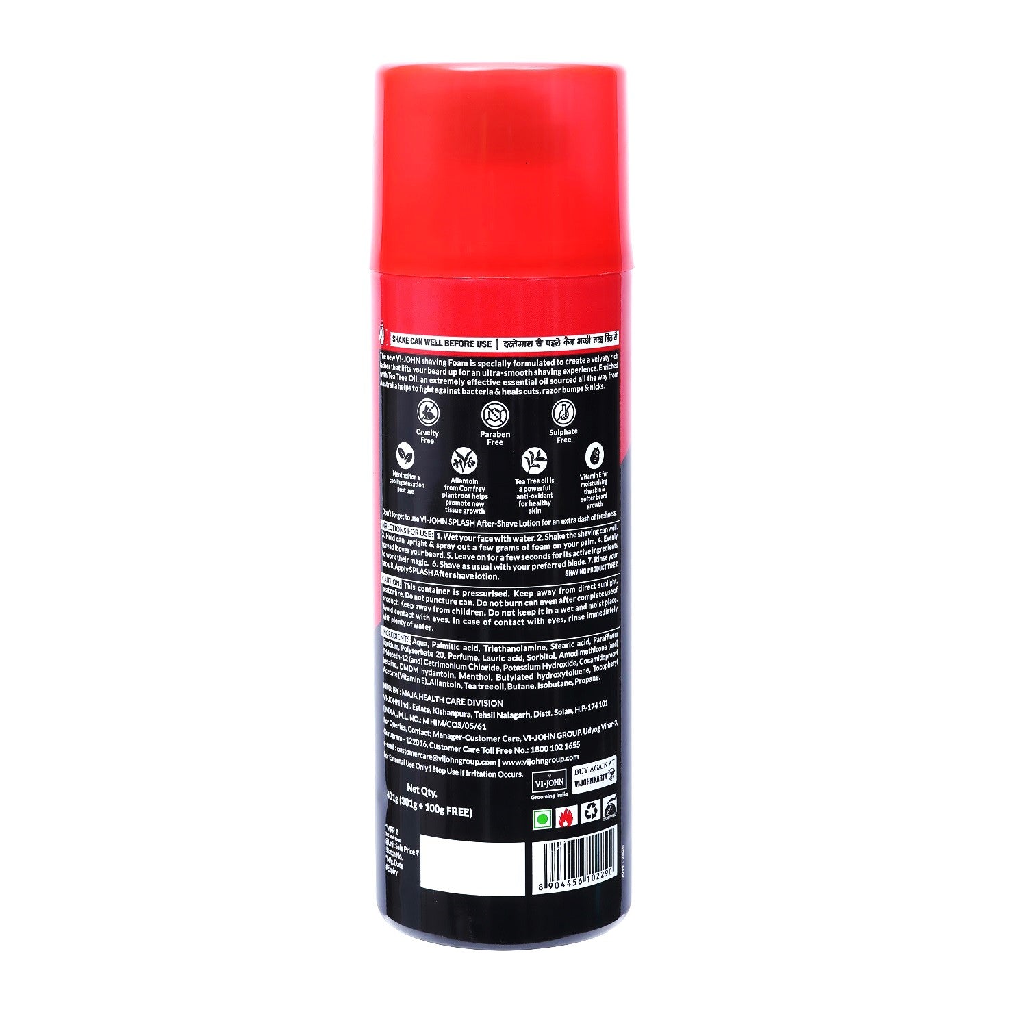 VI-JOHN  Dermatologically Tested Special Moisturizing Formula Shaving Foam enriched with Vitamin E & Tea Tree Oil-401g