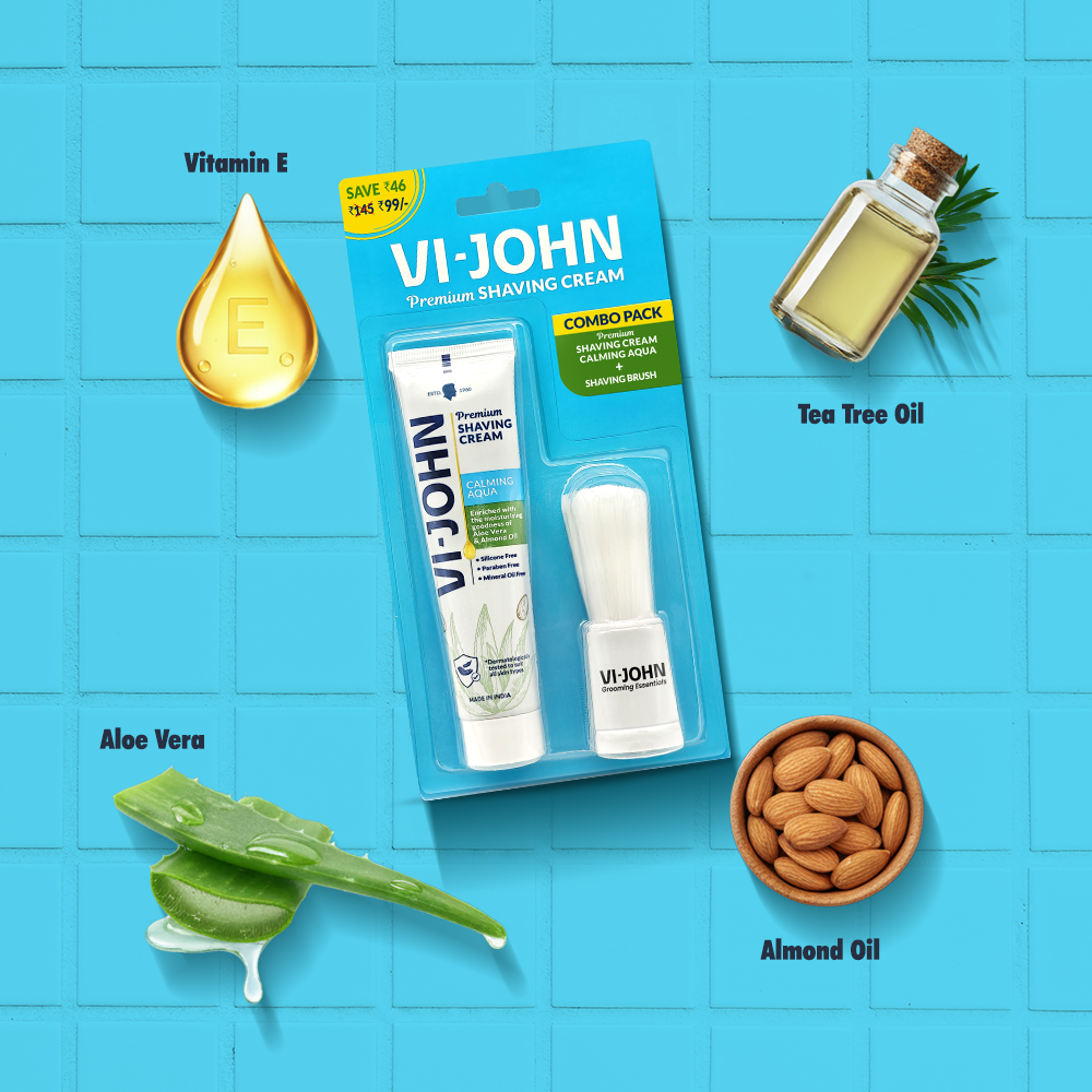 VI-JOHN Calming Aqua Shaving Cream  with Brush Combo | Enriched with Aloe Vera & Almond Oil | 70 GM