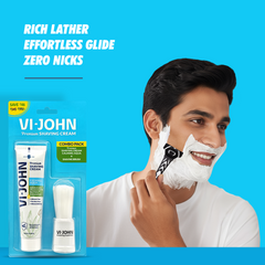 VI-JOHN Calming Aqua Shaving Cream  with Brush Combo | Enriched with Aloe Vera & Almond Oil | 70 GM