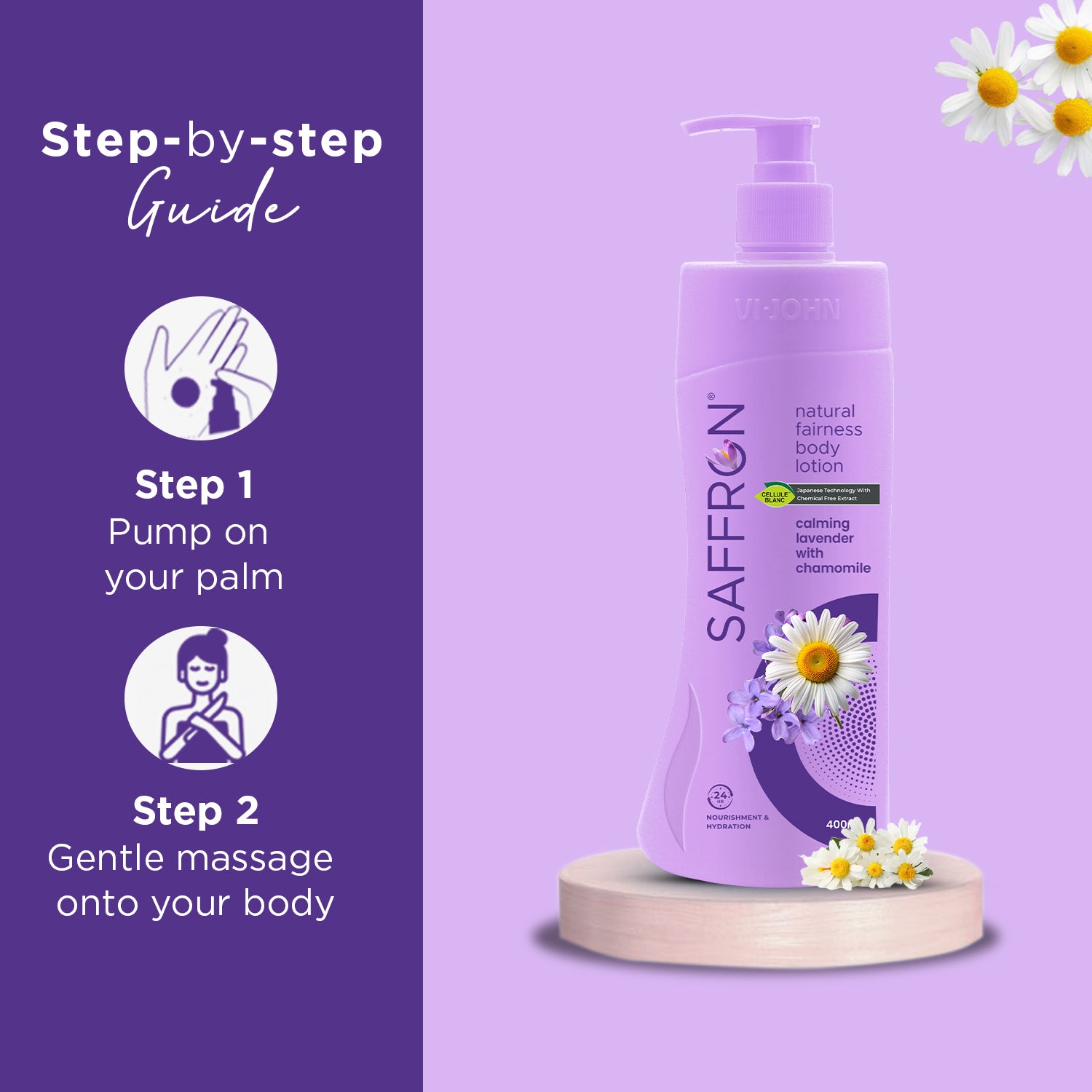 VI-JOHN Saffron Natural Fairness Body Lotion – Calming Lavender with Chamomile | 100% Natural Moisturizer | For Soft, Even-Toned & Radiant Skin | Suitable for All Skin Types | 400ml