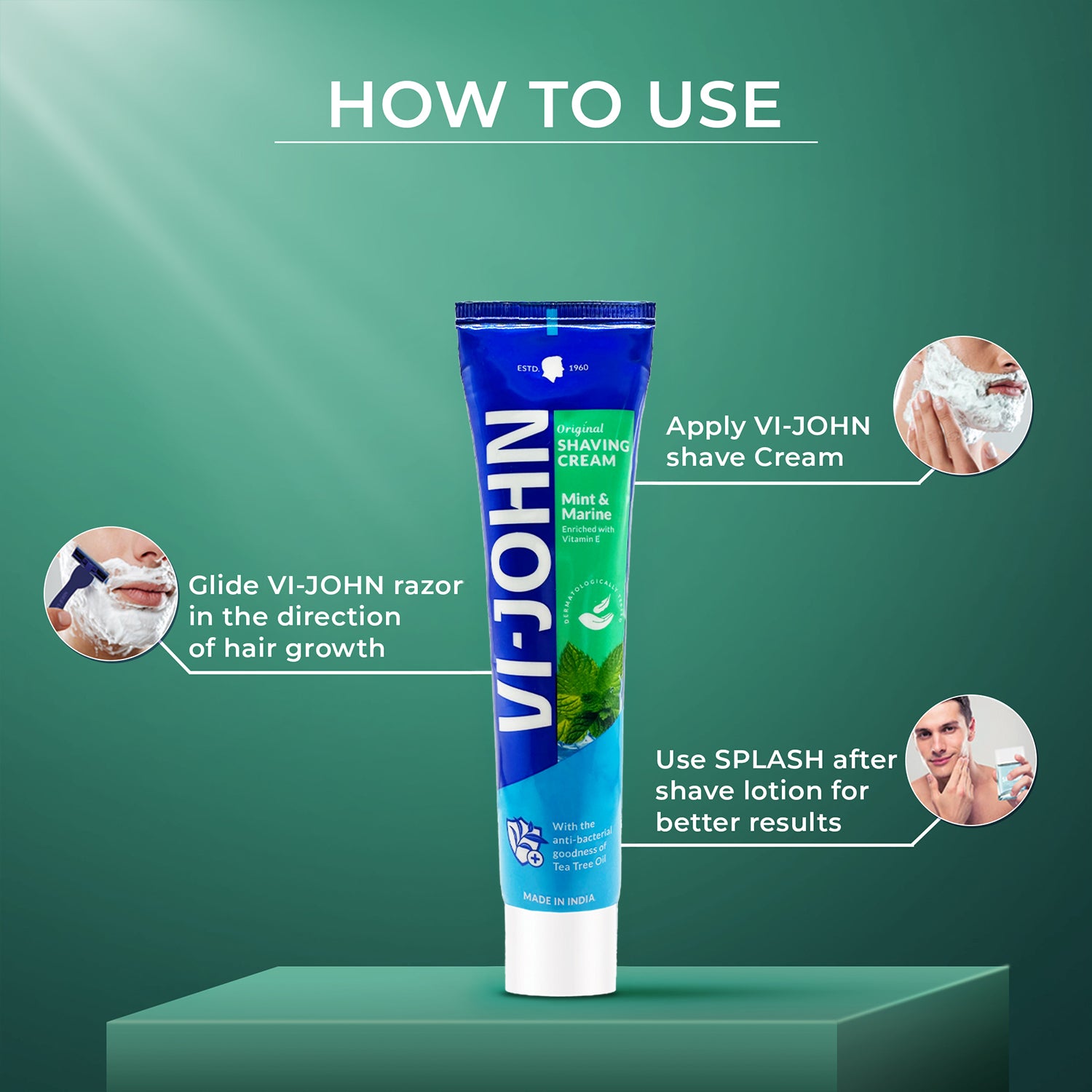 VI-JOHN Mint & Marine | Best Shaving Cream For Sensitive Skin | Dermatologically Tested | enriched with Vitamin E & Tea Tree Oil-124g