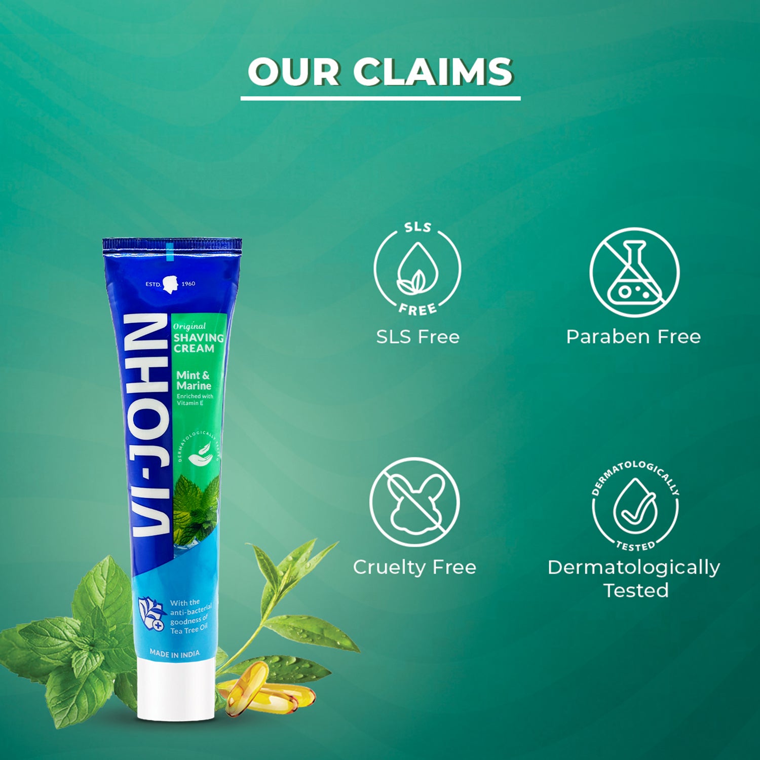 VI-JOHN Mint & Marine | Best Shaving Cream For Sensitive Skin | Dermatologically Tested | enriched with Vitamin E & Tea Tree Oil-124g