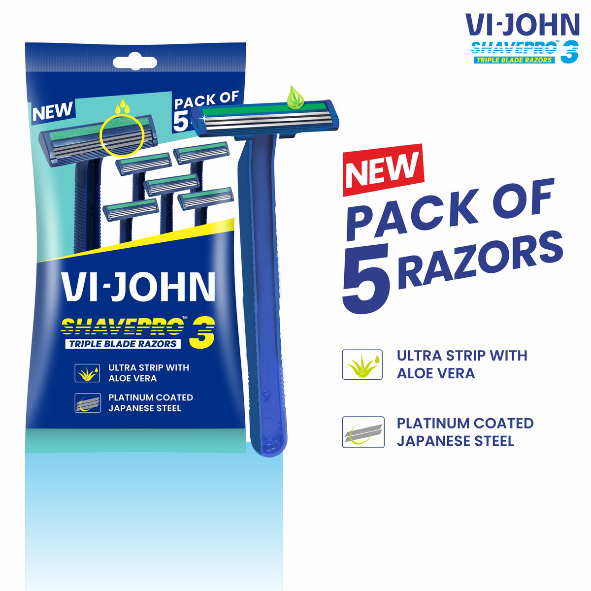 VI-JOHN Shave pro Triple Blade Shaving Razors With Lubricating Aloe Vera Strip(CONTAIN 5 PCS) FOR MEN