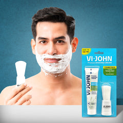 VI-JOHN Calming Aqua Shaving Cream with Brush Combo | Enriched with Aloe Vera & Almond Oil | Smooth, Soothing, and Refreshing Shave