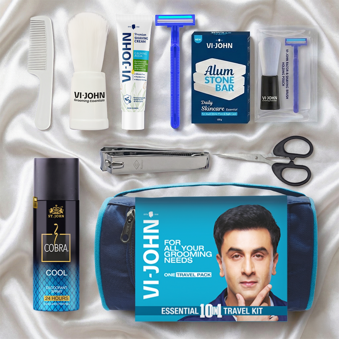 VI-JOHN Essential 10-in-1 Travel Grooming Kit for Men – Complete Shaving & Personal Care Combo with Razor, Cream, Brush, Alum Stone & More