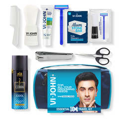 VI-JOHN Essential 10-in-1 Travel Grooming Kit for Men – Complete Shaving & Personal Care Combo with Razor, Cream, Brush, Alum Stone & More