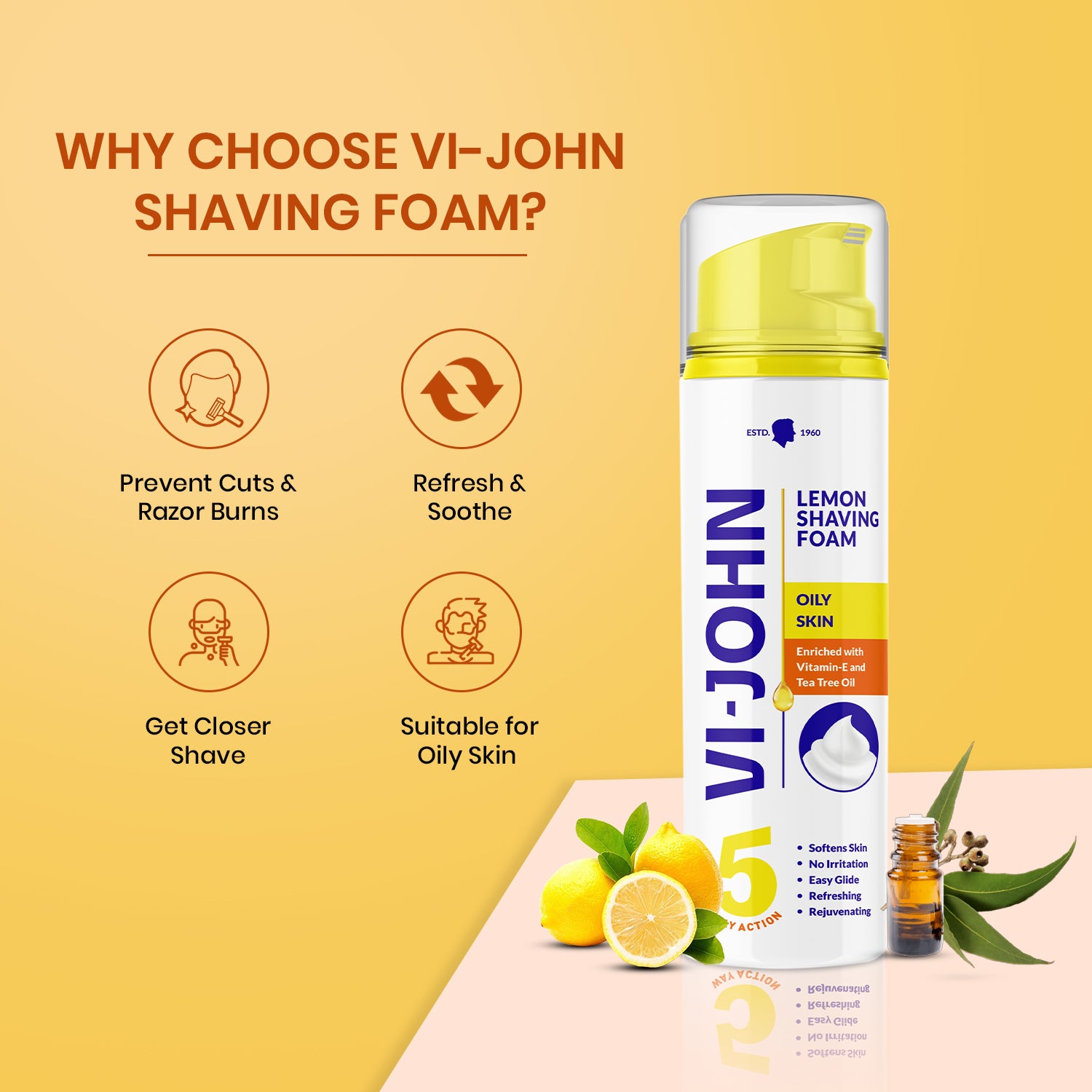 VI-JOHN Lemon Shaving Foam 200 g | Best Shaving Foam for Oily Skin - Pack of 2