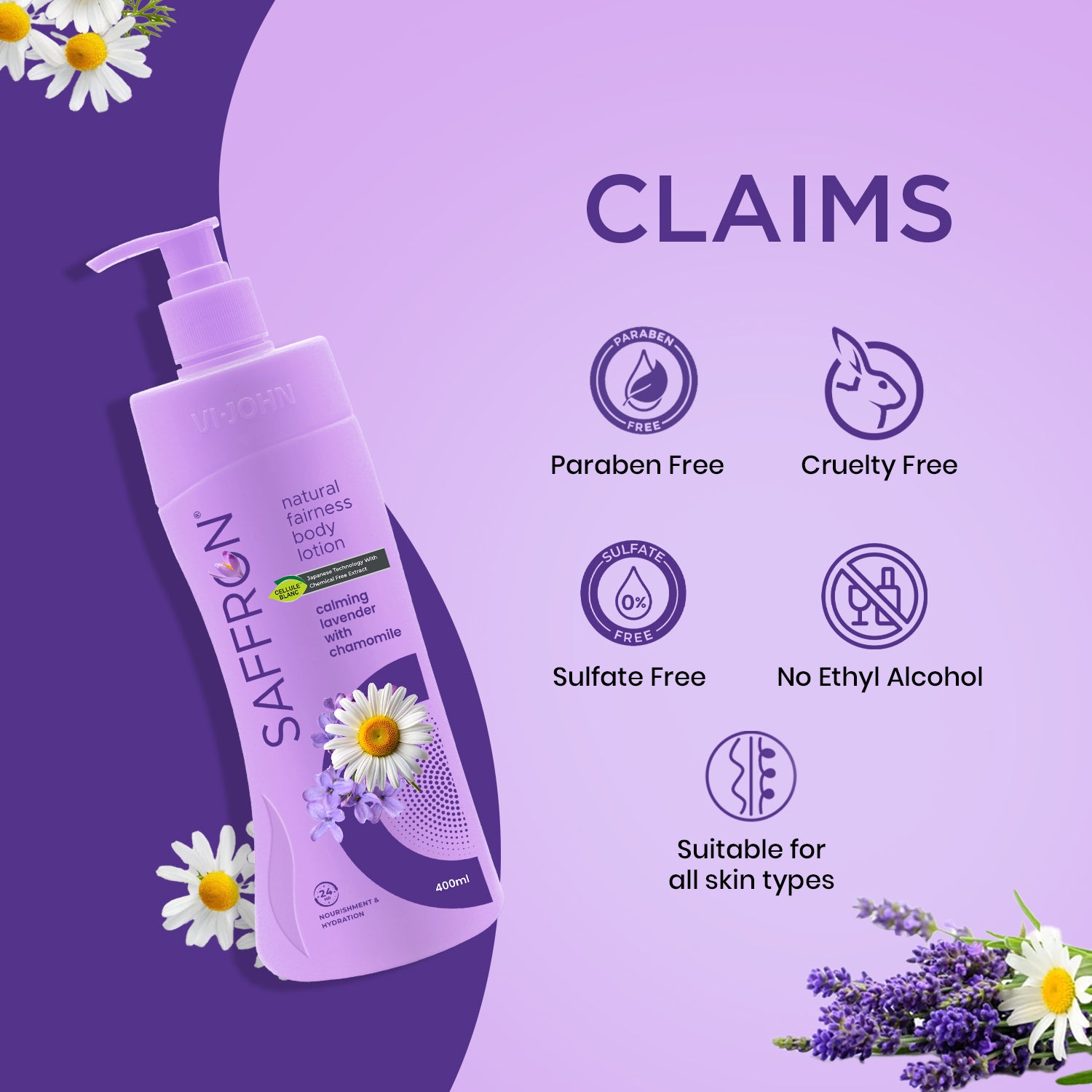 VI-JOHN Saffron Natural Fairness Body Lotion – Calming Lavender with Chamomile | 100% Natural Moisturizer | For Soft, Even-Toned & Radiant Skin | Suitable for All Skin Types | 400ml