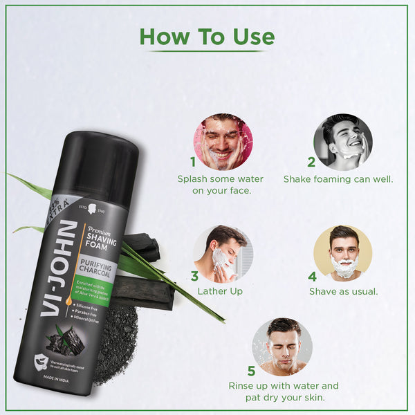 VI-JOHN Purifying Charcoal Shaving Foam - Enriched with Aloe Vera & Jojoba Oil