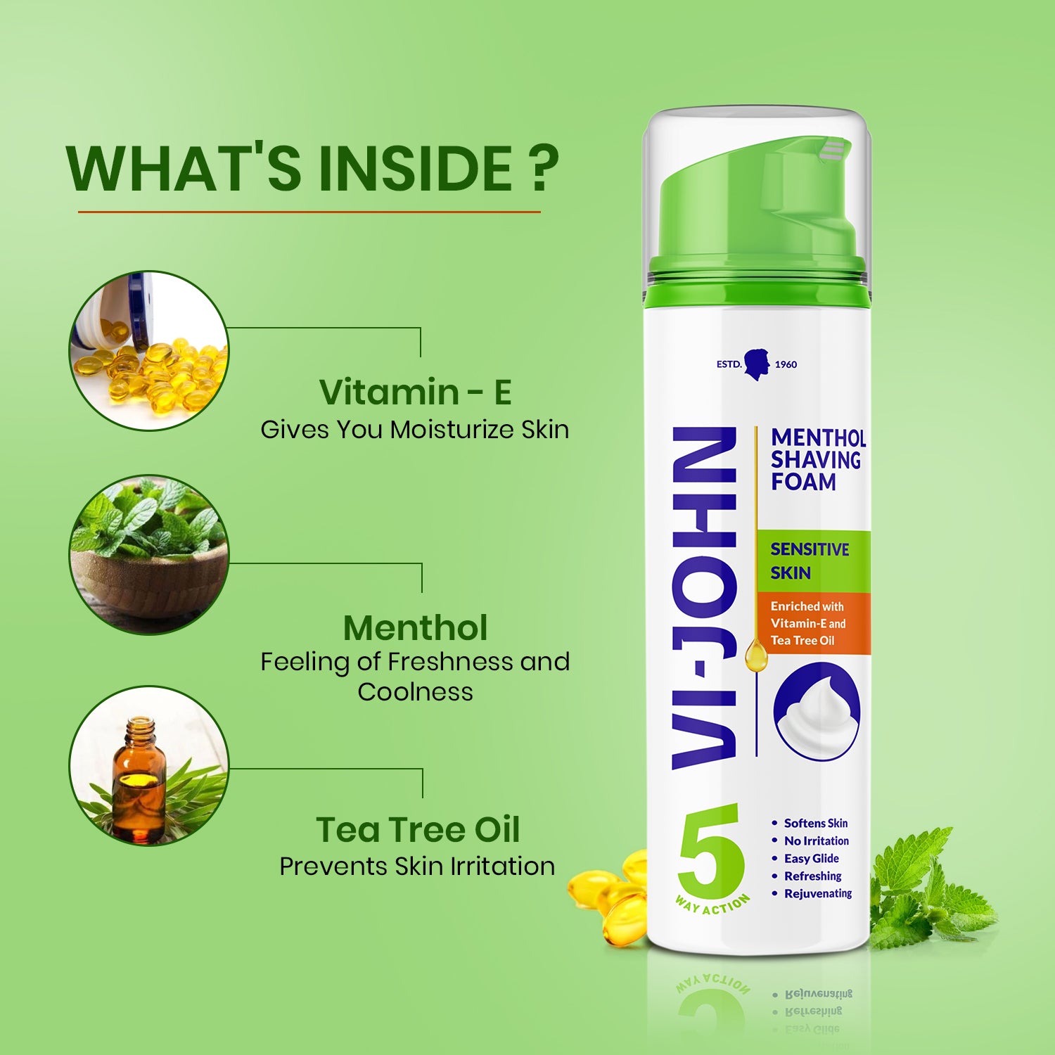 VI-JOHN Classic Menthol Shave Foam For Sensitive Skin With Tea Tree Oil & Vitamin E - 200ML