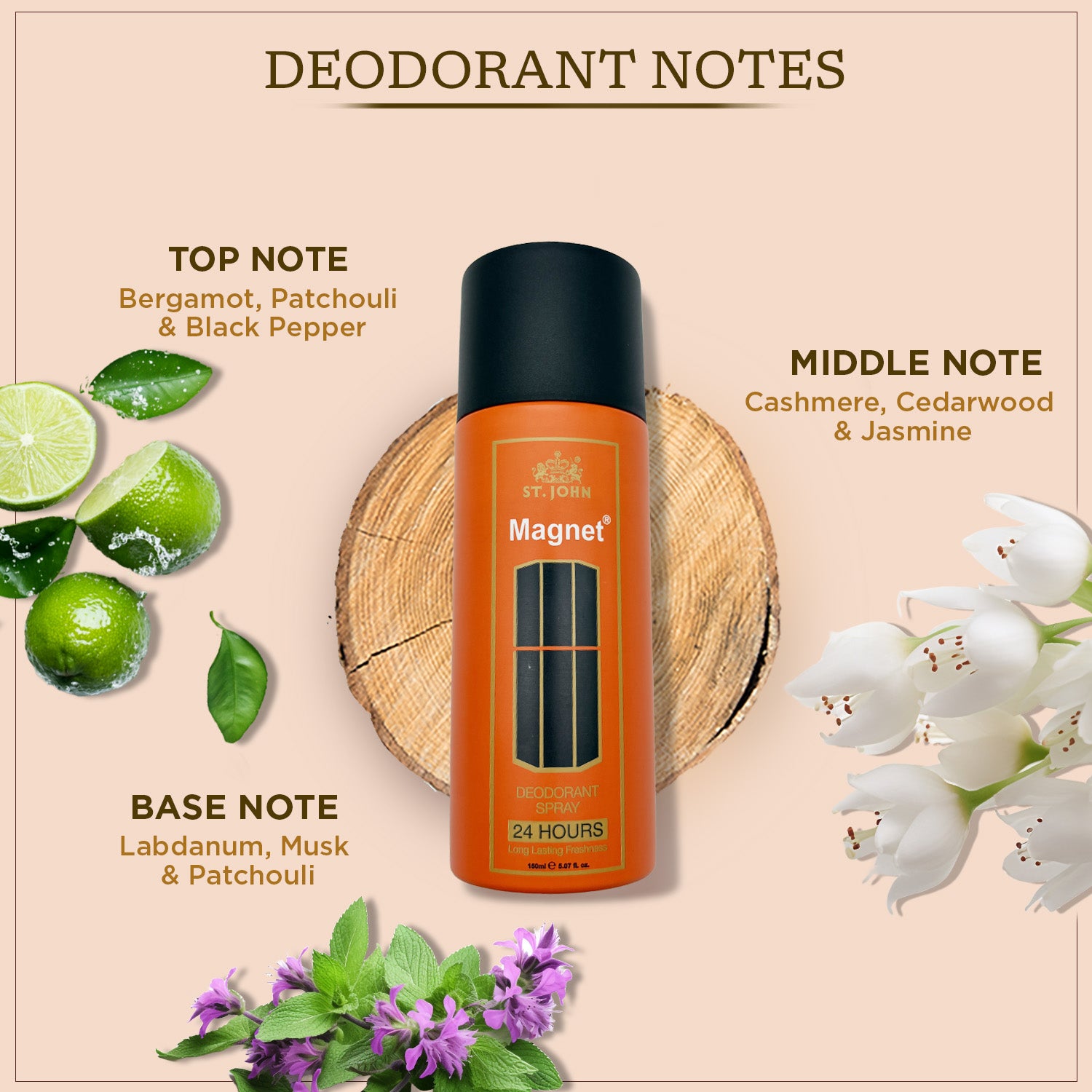 ST. JOHN Magnet Deodorant – Woody & Floral Body Spray for Men – All-Day Freshness – 150ml