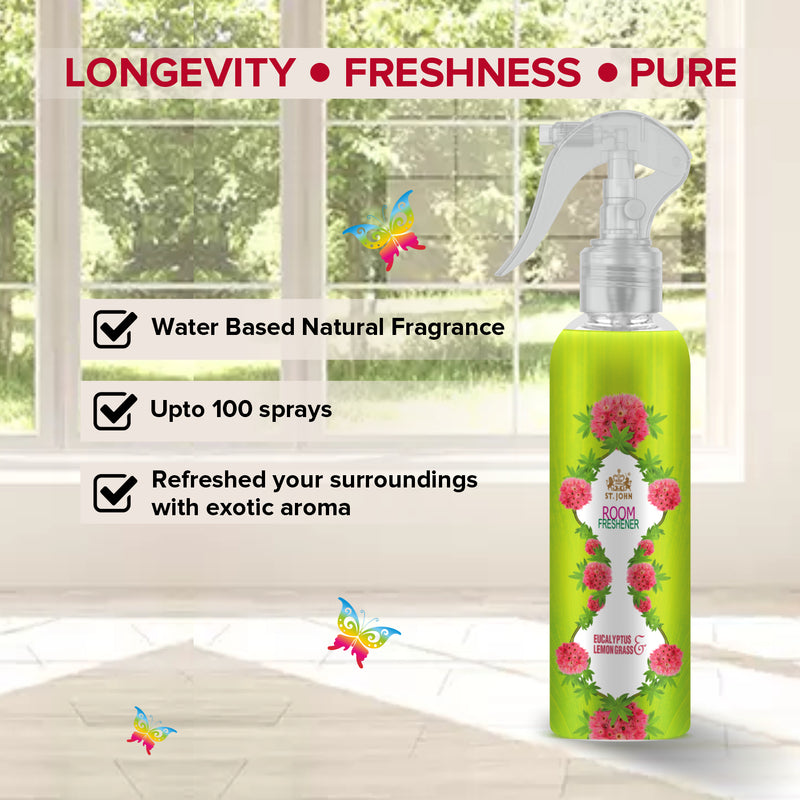 VI-JOHN Room Freshner Eucalyptus Lemongrass | Water Based Natural Fragrance | Upto 100 Sprays - 250 ML