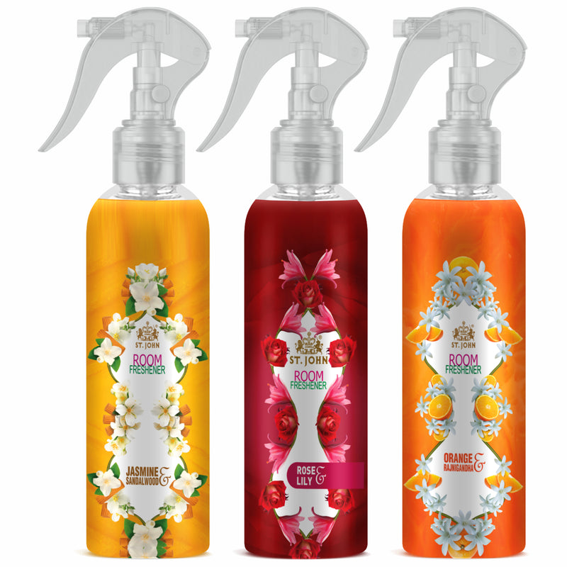 ST.JOHN Room Freshener | Long Lasting Fragrance | Jasmine Sandalwood | Rose Lilly | Orange Rajnigandha | Combo Pack Of 3 Spray 3 X 250 ML