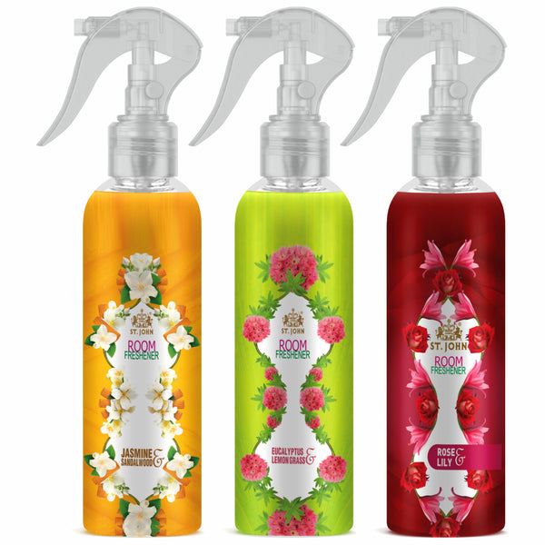 ST.JOHN Room Freshener | Long Lasting Fragrance | Jasmine Sandal Wood | Eucalyptus Lemongrass | Rose Lilly | Combo Pack Of 3 X 250 ML