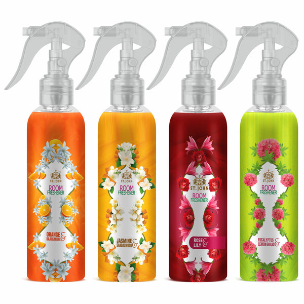 ST.JOHN Room Freshener | Long Lasting Fragrance | Orange Rajnigandha | Jasmine Sandalwood | Rose Lilly | Eucalyptus Lemongrass | Combo Pack Of 4 Spray 4 X 250 ML