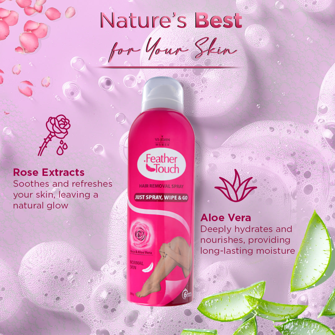 Feather Touch Rose & Aloe Vera Hair Removal Spray Cream | Painless Body Hair Removal for Legs, Hands and Underarm 200ml