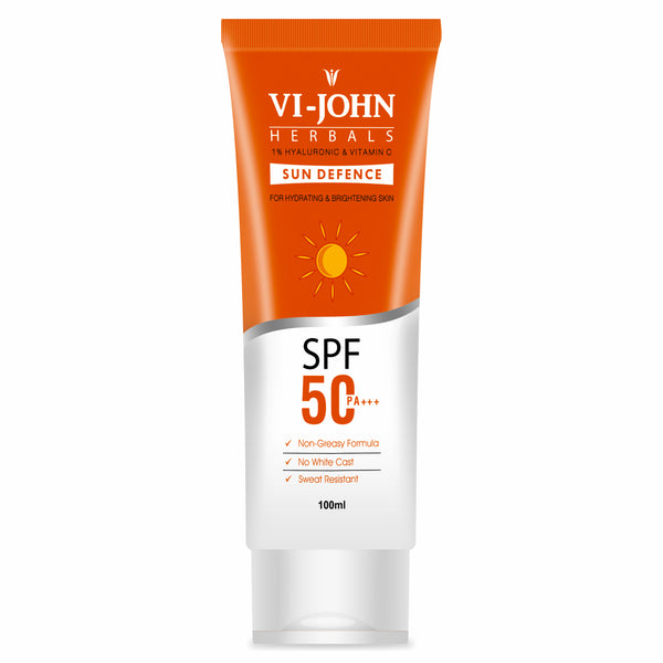 VI-JOHN Sunscreen - SPF 50 PA+++ Brightening Skin Glow Sunscreen, No White Cast with Vitamin C & 1% Hyaluronic  (100 g)
