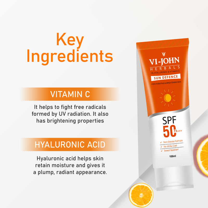 VI-JOHN Sunscreen - SPF 50 PA+++ Brightening Skin Glow Sunscreen, No White Cast with Vitamin C & 1% Hyaluronic  (100 g)