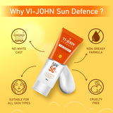 VI-JOHN Sunscreen - SPF 50 PA+++ Brightening Skin Glow Sunscreen, No White Cast with Vitamin C & 1% Hyaluronic  (100 g) (PAY50)