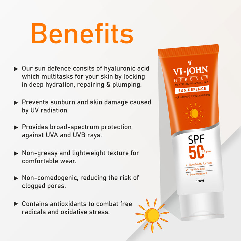 VI-JOHN Sunscreen - SPF 50 PA+++ Brightening Skin Glow Sunscreen, No White Cast with Vitamin C & 1% Hyaluronic  (100 g)