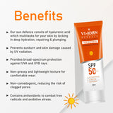 VI-JOHN Sunscreen - SPF 50 PA+++ Brightening Skin Glow Sunscreen, No White Cast with Vitamin C & 1% Hyaluronic  (100 g) (PAY50)