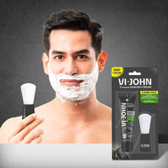 VI-JOHN Purifying Charcoal Shaving Cream with Brush Combo | Enriched with Aloe Vera & Jojoba Oil | Deep Cleansing, Smooth & Refreshing Shave