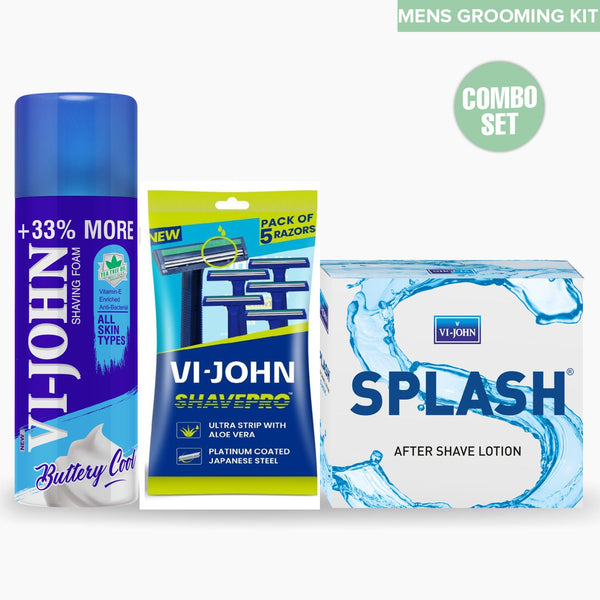 VI-JOHN Complete Shaving Kit, Shaving Foam All Skin Types 400 Gms, Disposable Shave Pro Razor Pack 5 & Splash After Shave Lotion 50ML