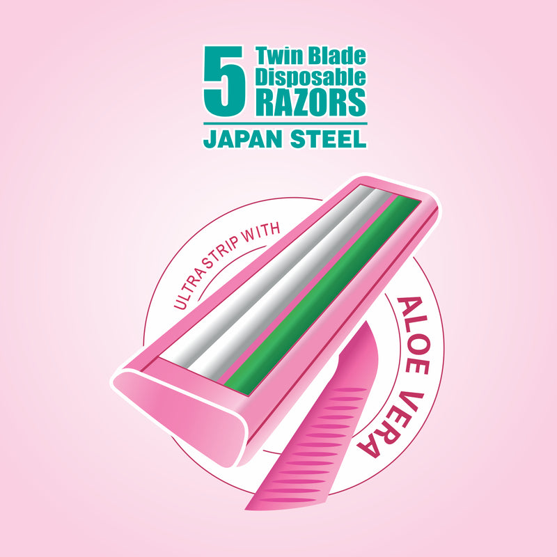 VI-JOHN Women Feather Touch Twin Blade Shaving Razors With Lubricating Aloe Vera Strip(Contain 5 Pcs)