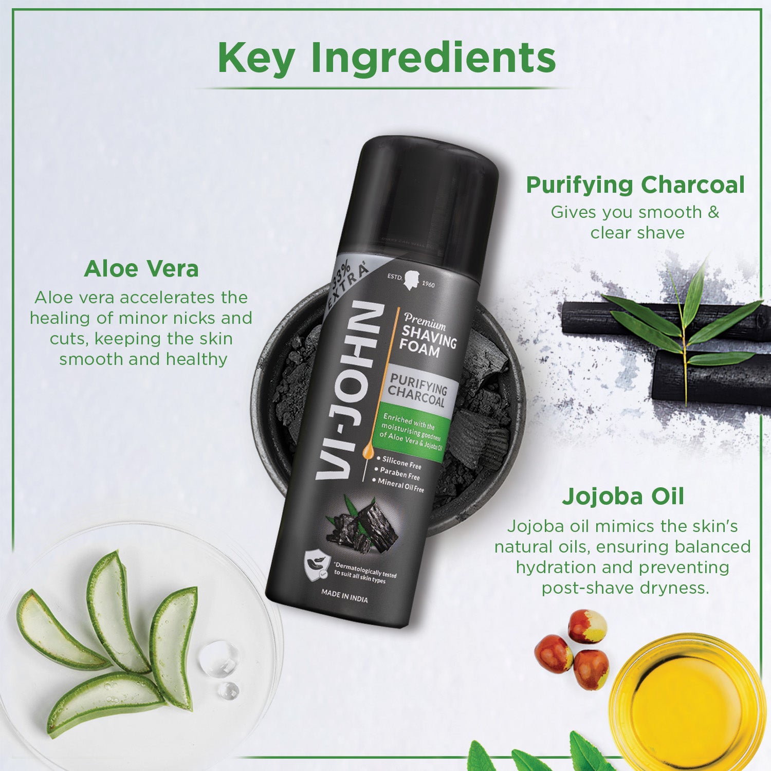 VI-JOHN Purifying Charcoal Shaving Foam - Enriched with Aloe Vera & Jojoba Oil