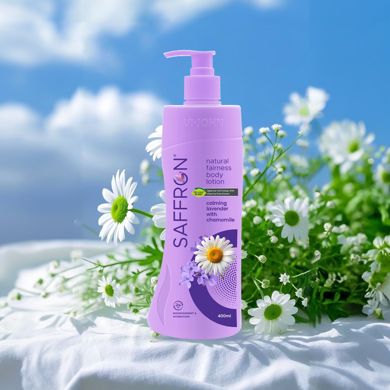 VI-JOHN Saffron Natural Fairness Body Lotion – Calming Lavender with Chamomile | 100% Natural Moisturizer | For Soft, Even-Toned & Radiant Skin | Suitable for All Skin Types | 400ml