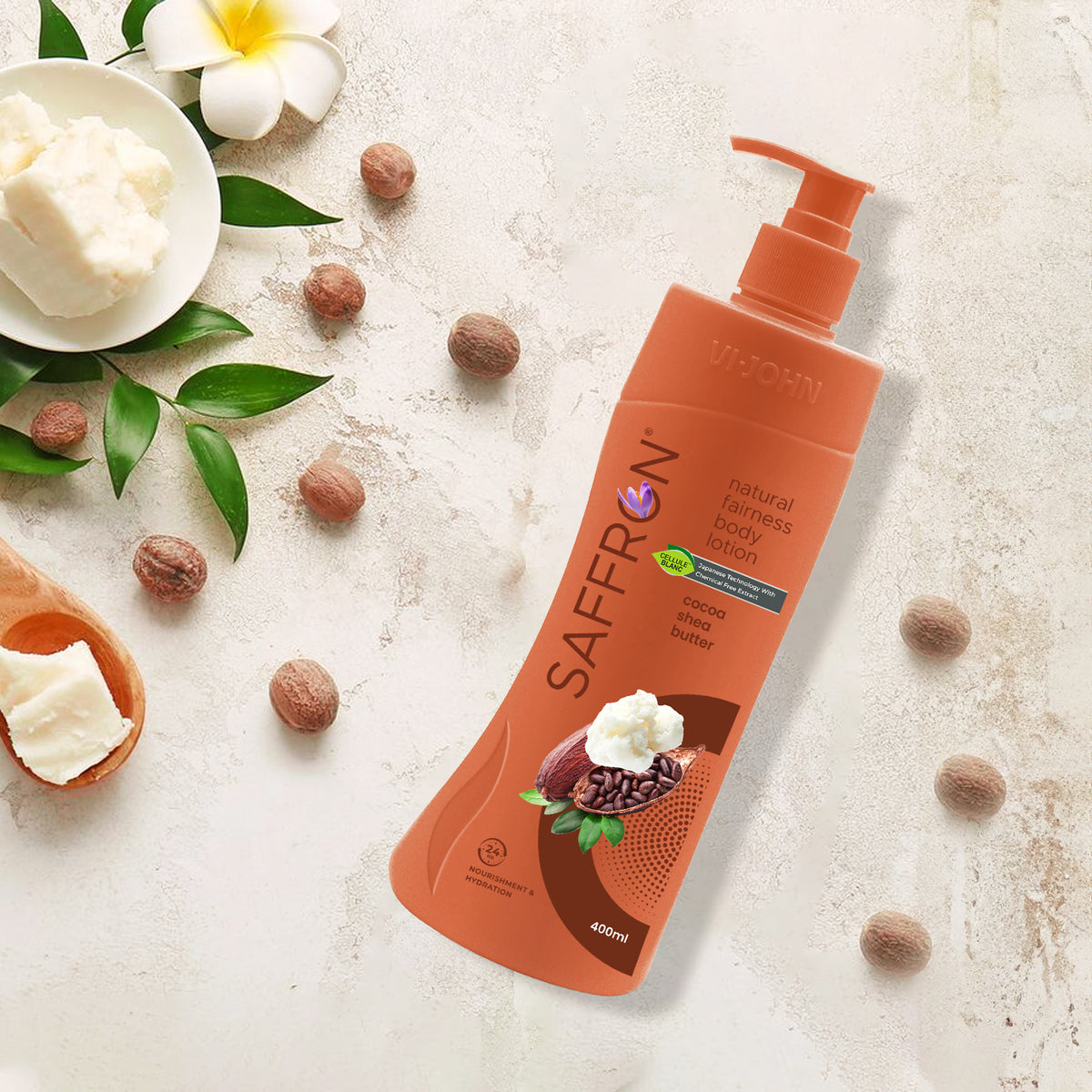 VI-JOHN Saffron Natural Fairness Body Lotion – Cocoa Shea Butter | Deep Nourishment | Soft, Glowing Skin | For All Skin Types – 400ml