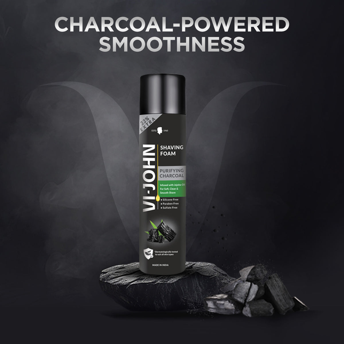 VI-JOHN Charcoal Shaving Foam with Activated Charcoal & Jojoba Oil For Clean Shave & Moisturised Skin - 300 G