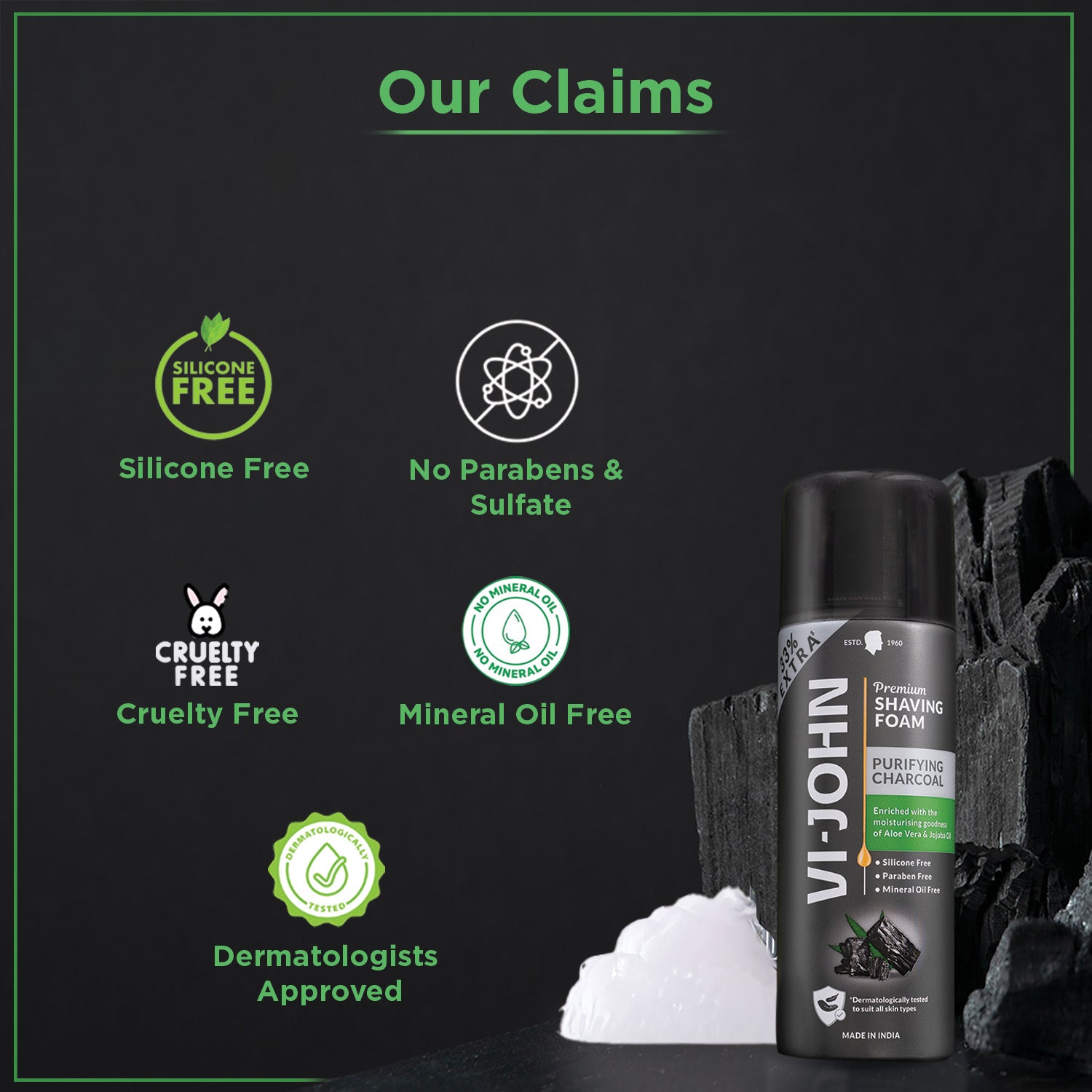 VI-JOHN Purifying Charcoal Shaving Foam - Enriched with Aloe Vera & Jojoba Oil