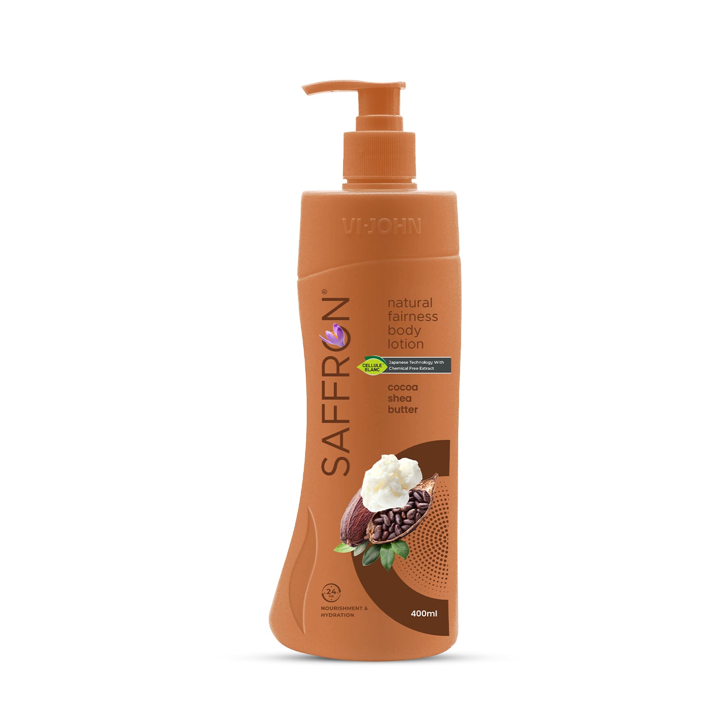 VI-JOHN Saffron Natural Fairness Body Lotion – Cocoa Shea Butter | Deep Nourishment | Soft, Glowing Skin | For All Skin Types – 400ml