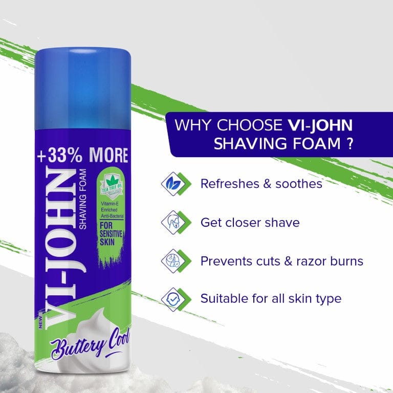 VI-JOHN Shaving Foam With Menthol, Tea Tree Oil & Vitamin E - 400 GM (For Sensitive Skin)