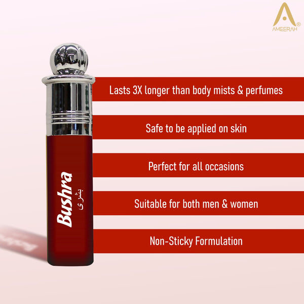 Ameerah Roll On Bushra Attar | Long Lasting Fragrance | Alcohol Free Perfume For Men & Women - 8 ML